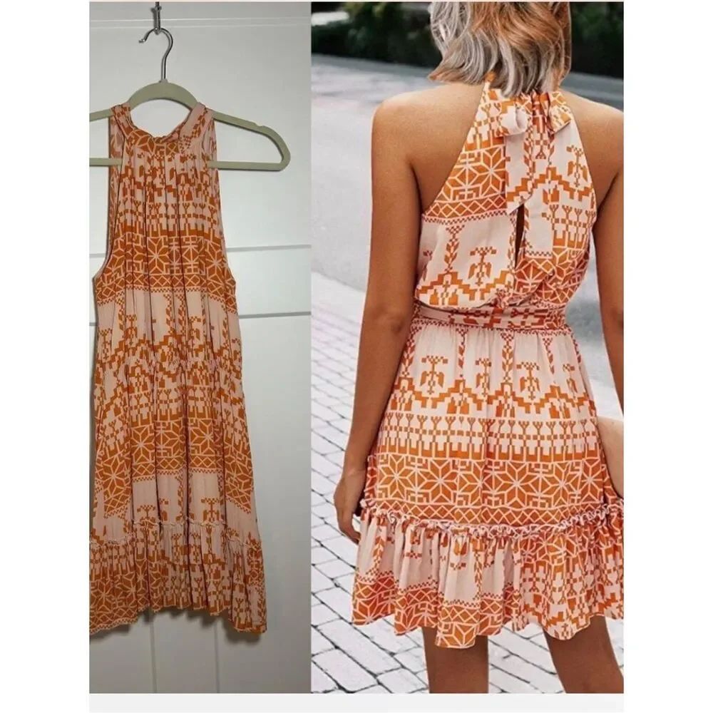 BTFBM Sleeveless Orange Patterned Halter Dress boho Aztec